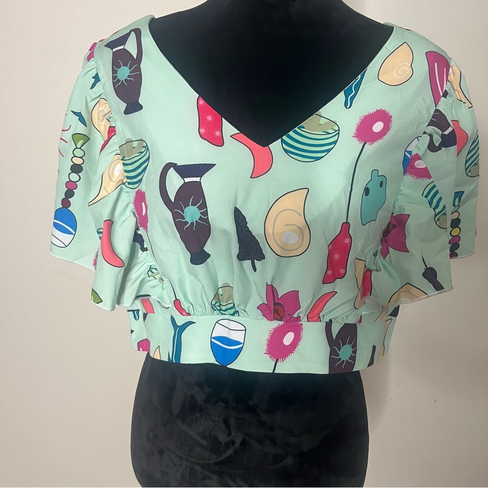 Women’s Mint Green Printed V-Neck Ruffle Sleeve Crop Top & Matching Shorts Sz XL